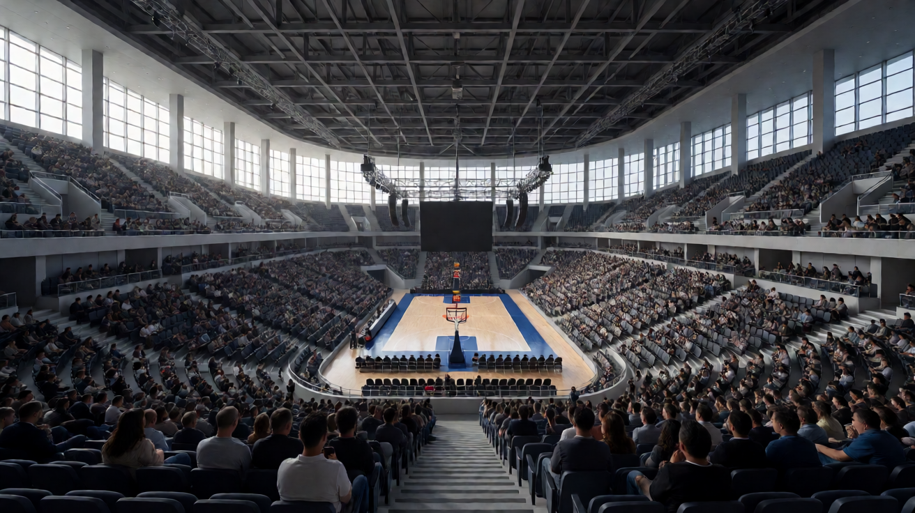 篮球比赛场馆全景，展示NBA与CBA赛事直播场景